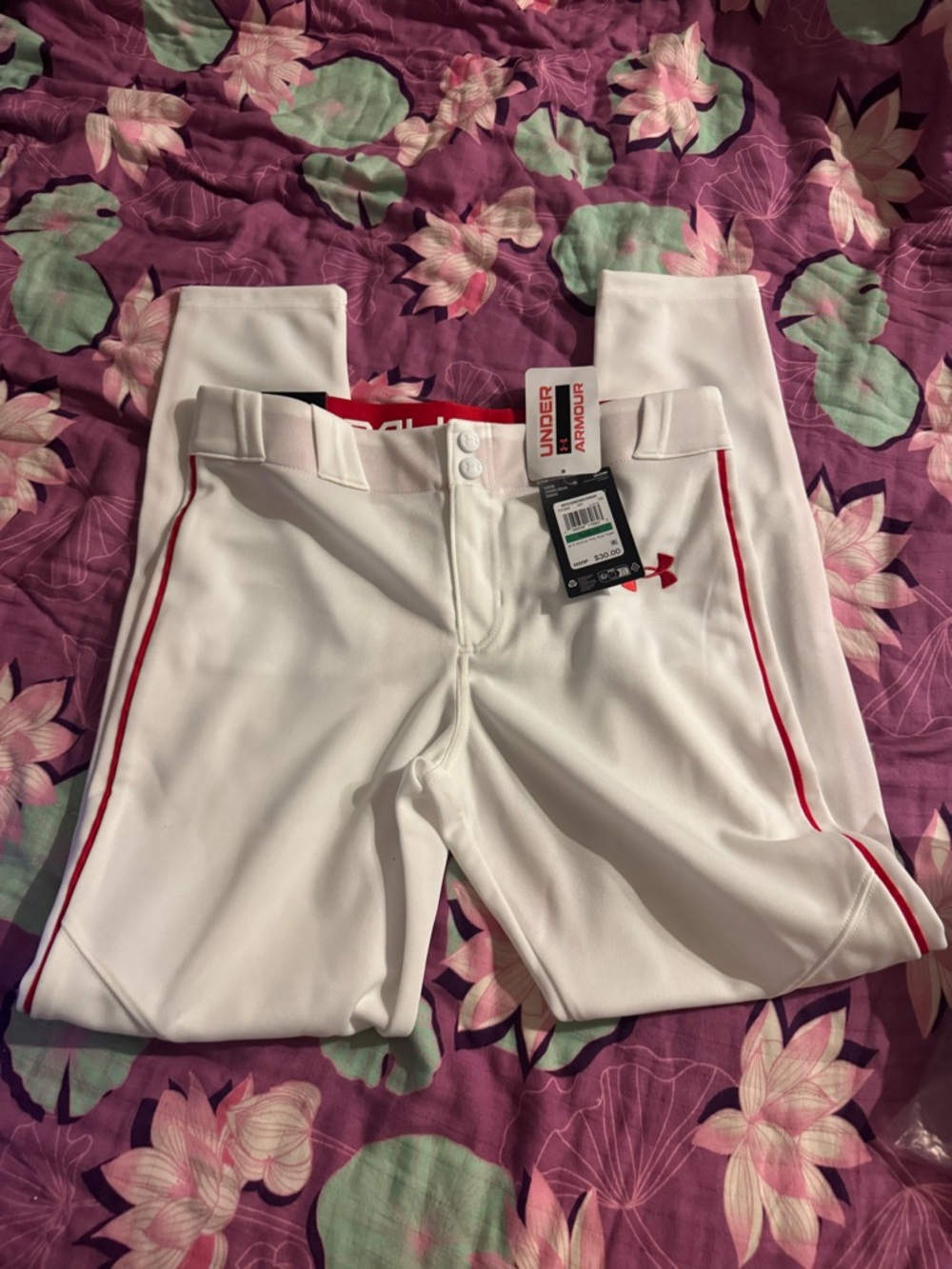 Under Armour White Baseball Pants with Red Piping - Boys